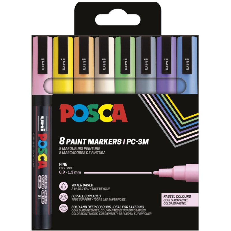 POSCA stylos à pigment PC3M, couleurs pastel, 0,9-1,3 mm, 8 pièces
